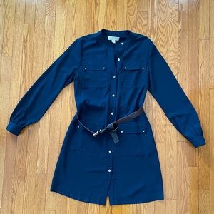 MICHAEL by Michael Kors Navy Shirt dress with brown belt- Size 8